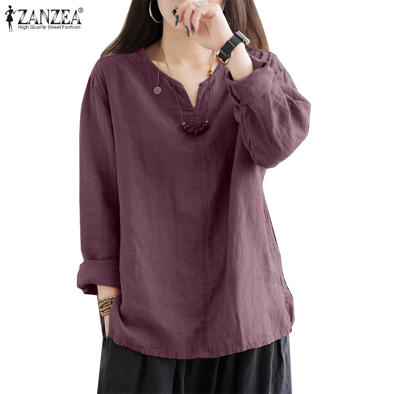 ZANZEA Women  Casual Loose Long Sleeve V Neck Cotton Linen Plain Basic Tee Blouse