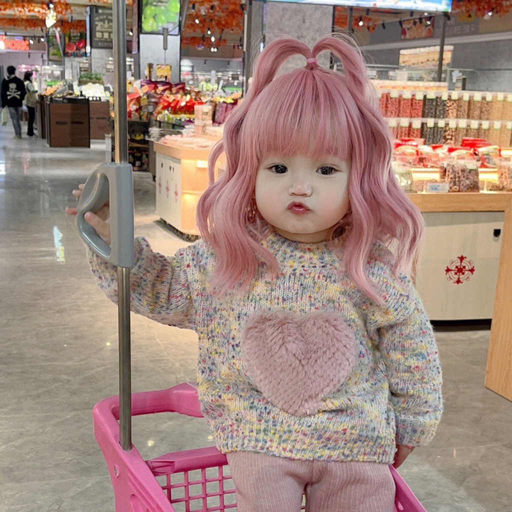 Baby Style Wig Pink Kawaii Medium Long Curly Foaming Noodle Head Children Fake Hair Temperament Vintage Photo Hairstyle