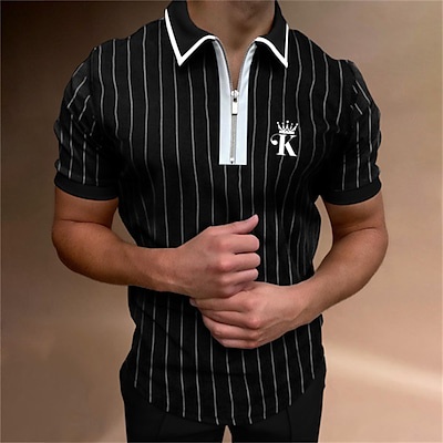 Men's Polo Shirt Golf Shirt Quarter Zip Polo Turndown Spring & Summer Short Sleeve Black / Gray Wine Royal Blue Striped Street Casual Clothing Apparel Zipper