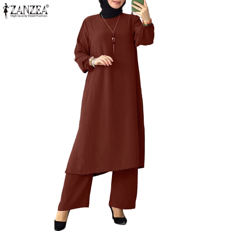 ZANZEA Women Muslim Casual Loose Solid Long Sleeve Blouse + Long Pants Sets  | Shopee Malaysia