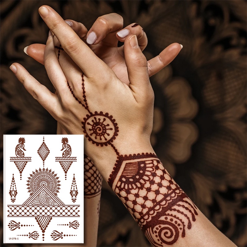 Ready Stock Bridal Wedding Red Brown Lace Tattoo Sticker Waterproof Festive Party Henna Tattoo Sticker for Women Girls Hand Tattoo