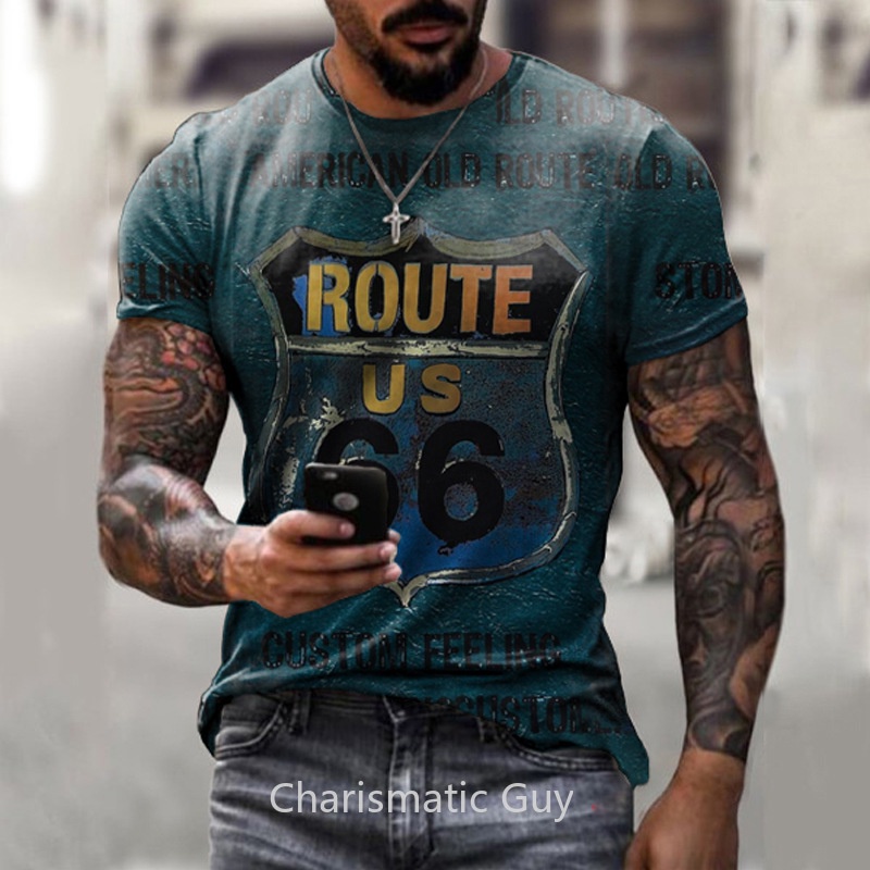 Summer Short sleeved American Route 66 Letters Men's Shirt Vintage Clothing 3D Printing Casual Street Apparel