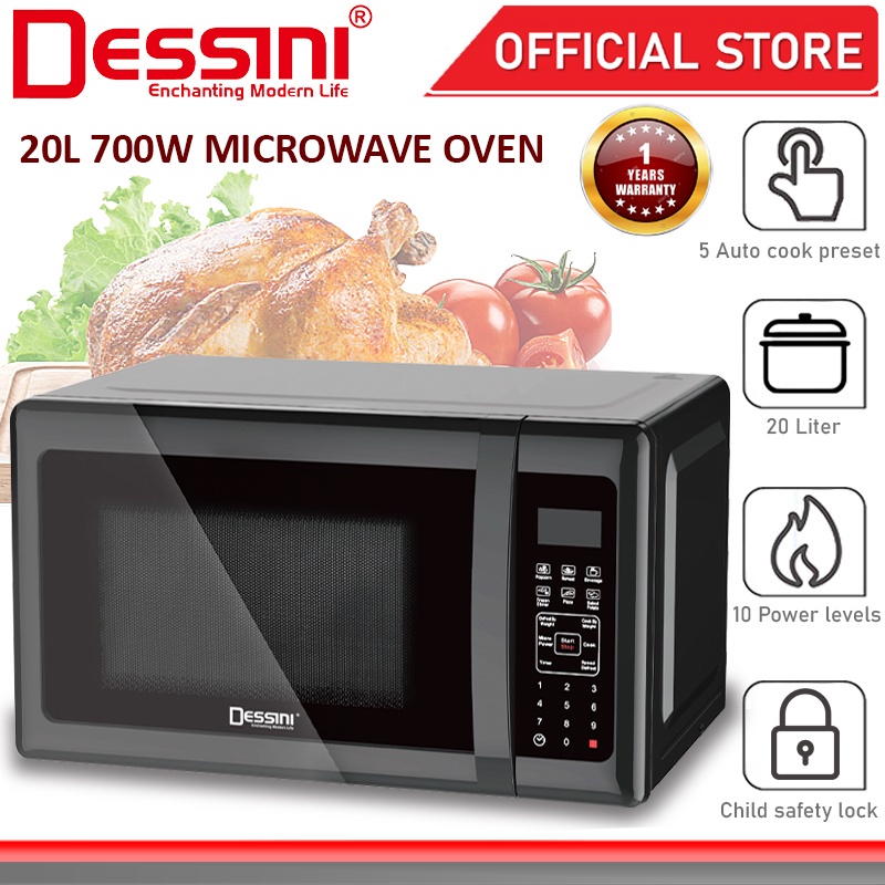 DESSINI ITALY 20L Countertop Digital Microwave Oven 10Power Level Defrost Reheat Toaster Roaster Ketuhar Gelombang Mikro