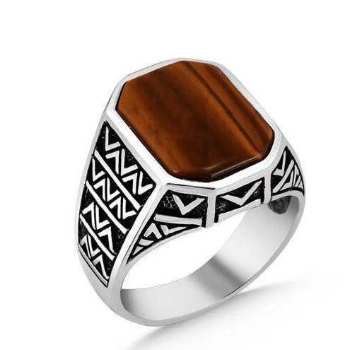 Handmade Turkish Ring Vintage Men Ladies Inlaid Brown Tiger Eye Ring Punk Fashion Religious Muslim Islamic Jewelry