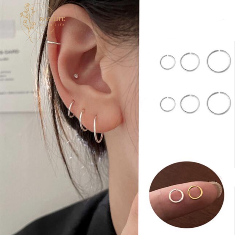 Roselife 2 Pcs Minimalist Stainless Steel Piercing Cartilage Hoop Earrings for Women Girls Hypoallergenic Fake Nose Ring Ear Bone Round Earrings Punk Lips Jewelry