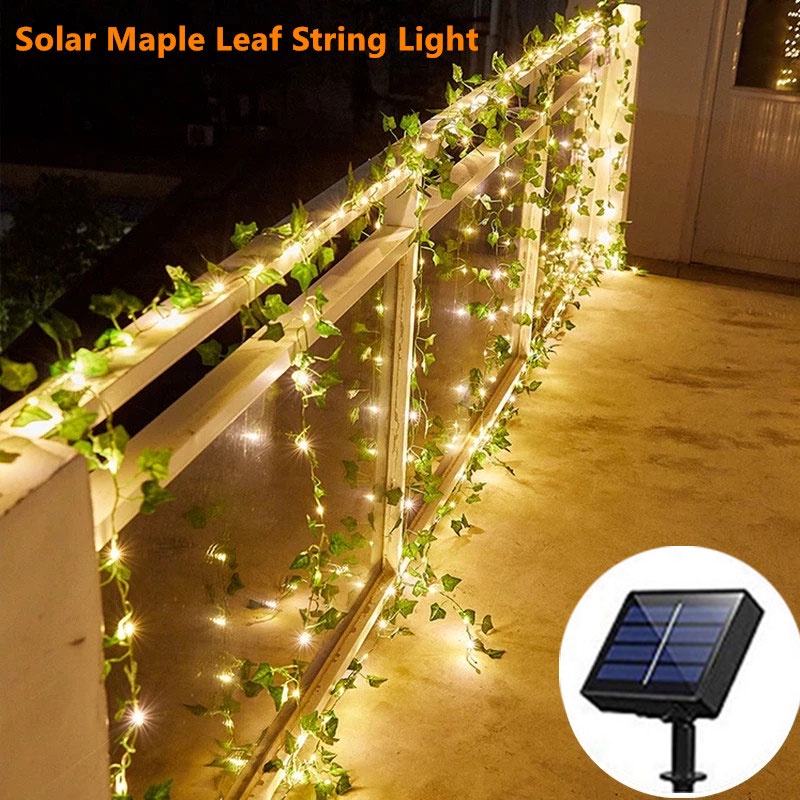 Ligyetor LED Solar/battery Maple Leaf String Lights Waterproof Green Rattan Fairy Lamp for Outdoor Garden Courtyard Wedding Decoration