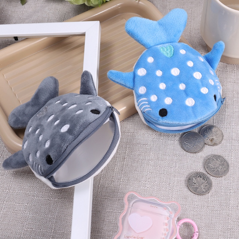 Children Shark Zipper Bag Large Capacity Key Storage Bag Cute Plush Coin Purse Multi-purpose Headphone Card Protector