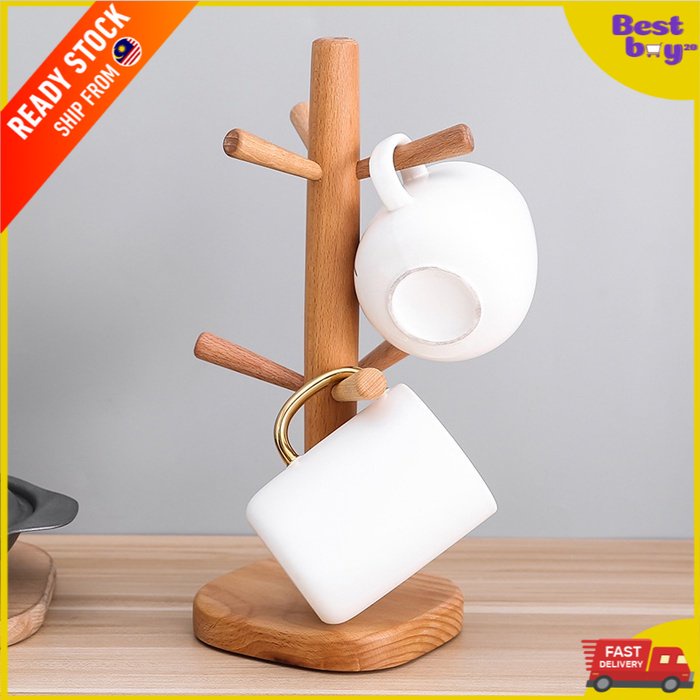 Wooden Cup Mug Holder Tree Kitchen Stand Organizer Coffee Cup Rack Pemegang Cawan Kayu Penyangkut Gelas Bamboo