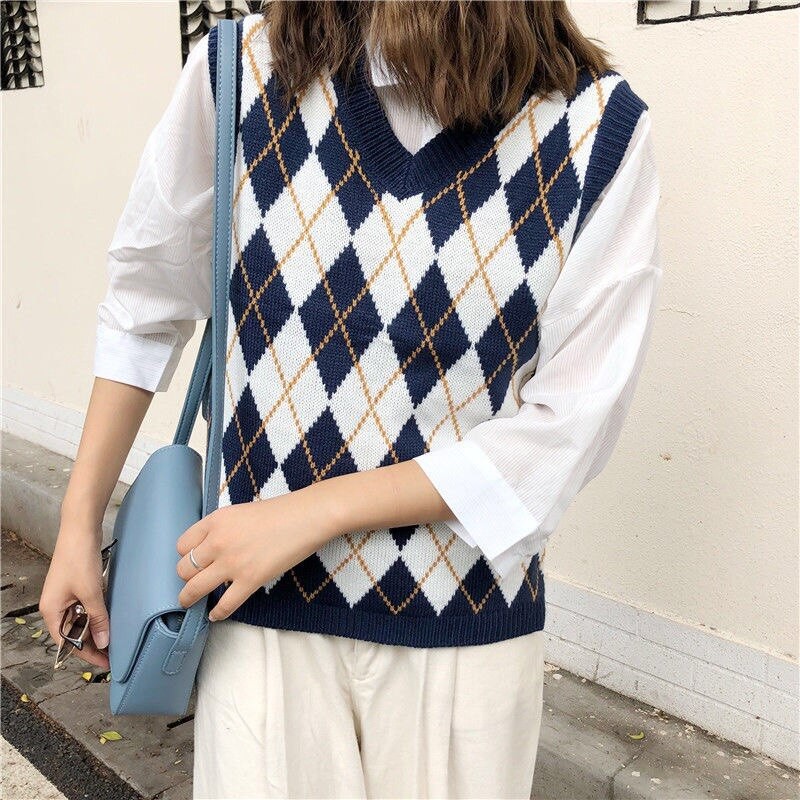 Versatile Must Argyle Fashion Knitted Vest Women Casual Korean Pullover Elasticity Sweater Spring Autumn Sleeveless V... - Image 3