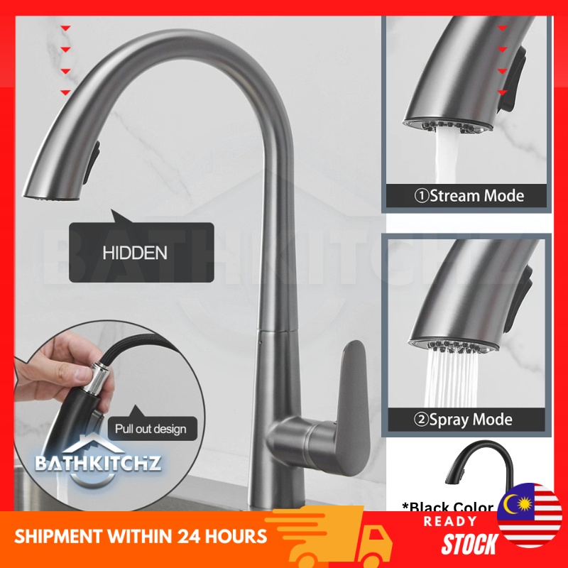BATHKITCZH Grey/Black Brass Pull Out Sink Faucet Kitchen Basin Sink