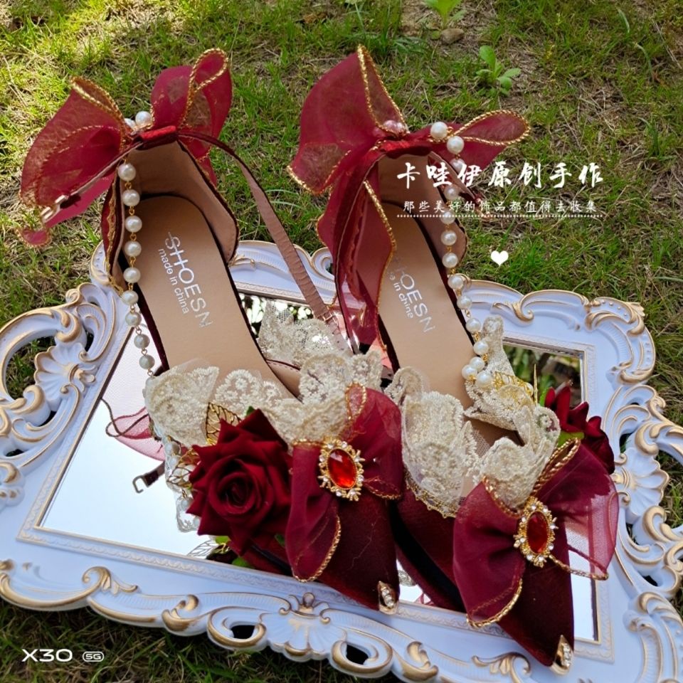 Original French Girl Lolita High Heels Elegant Exquisite Wine Red Rose Palace Style Wedding Shoes