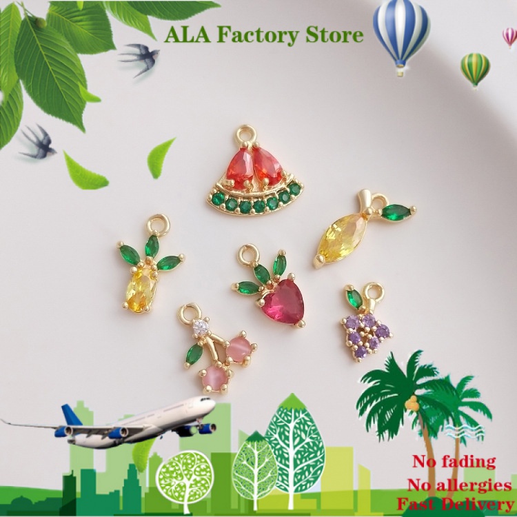 ❤️Jewelry DIY Accessories❤️Colorful zirconium fruit series 14K gold-plated and color-preserving zircon Cherry pineapple grape mango small pendant DIY jewelry pendant[Pendant/Beads/Necklace Bracelet Earring Accessories]