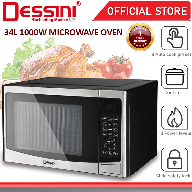 DESSINI ITALY 34L Countertop Digital Microwave Oven 10Power Level Defrost Reheat Toaster Roaster Ketuhar Gelombang Mikro