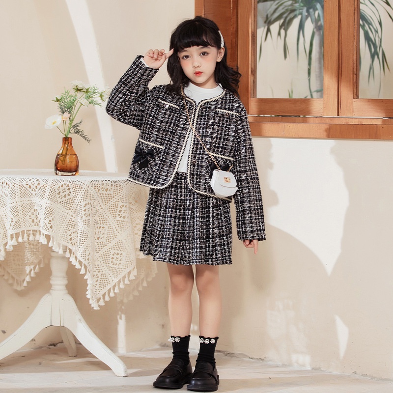 Yutong] Three-Piece Suit Girls Chanel Style Autumn New Korean Version  Medium Large Children Jacket Cute Princess Woolen Dress Checked Skirt |  Shopee Malaysia