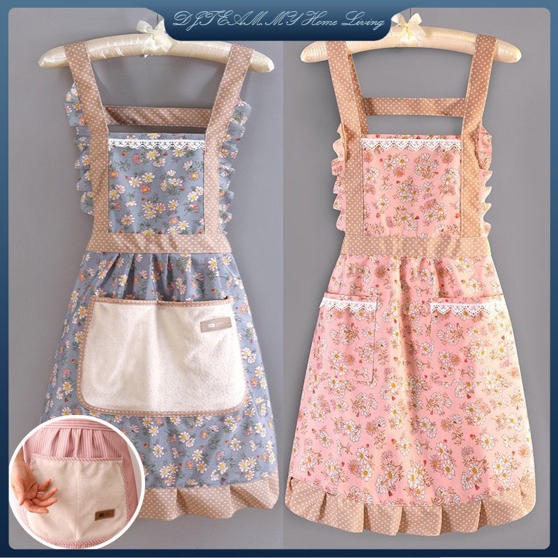 Korean Style Double Layer Waterproof Canvas Apron Fashion Women's Cute Apron Double Shoulder Straps Simple Bib Home Cooking Apron Beauty Shop Flower Shop Coffee Shop Work Apron