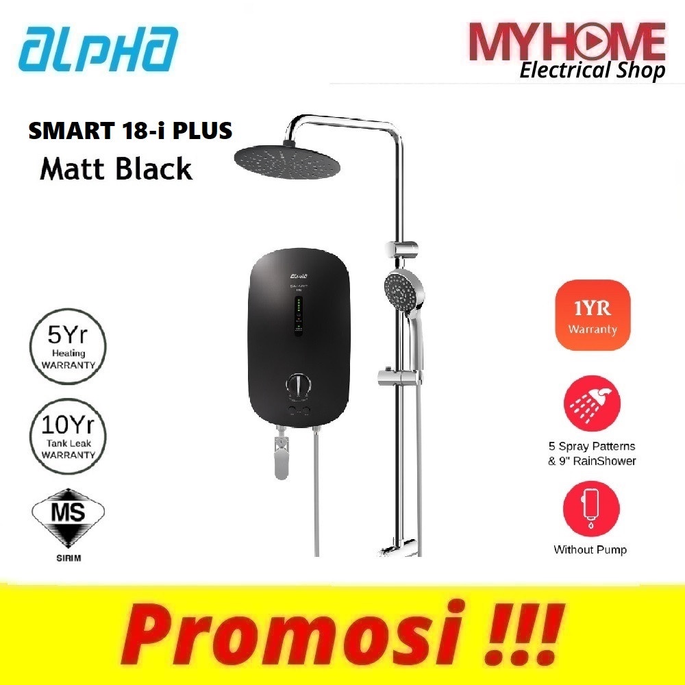 ALPHA SMART 18i DC PUMP WATER HEATER WITH RAIN SHOWER (MATT BLACK