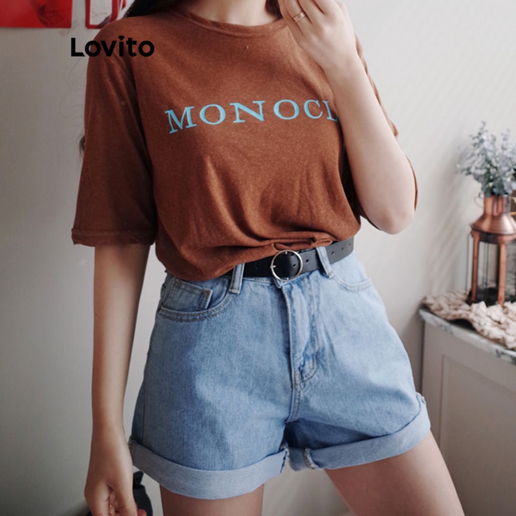 (Essential Item) Lovito Casual High Waist Summer Shorts Basic Pocket Roll Up Pambahay Denim Shorts for Women