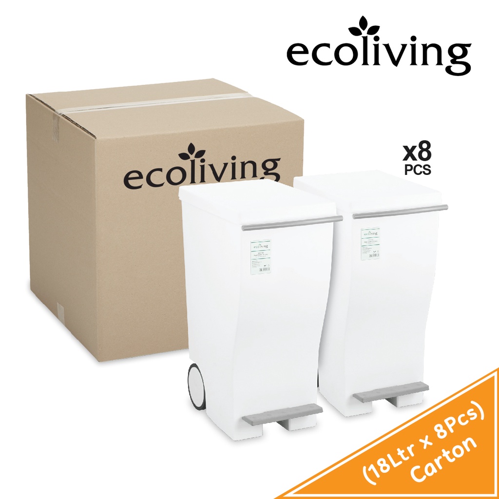 ECO LIVING CARTON DEAL 8Pcs/Pack 18Ltr Step Foot Pedal Rubbish Dustbin W/2 Wheels & Handle,Tong Sampah Bin,ECO-192-8