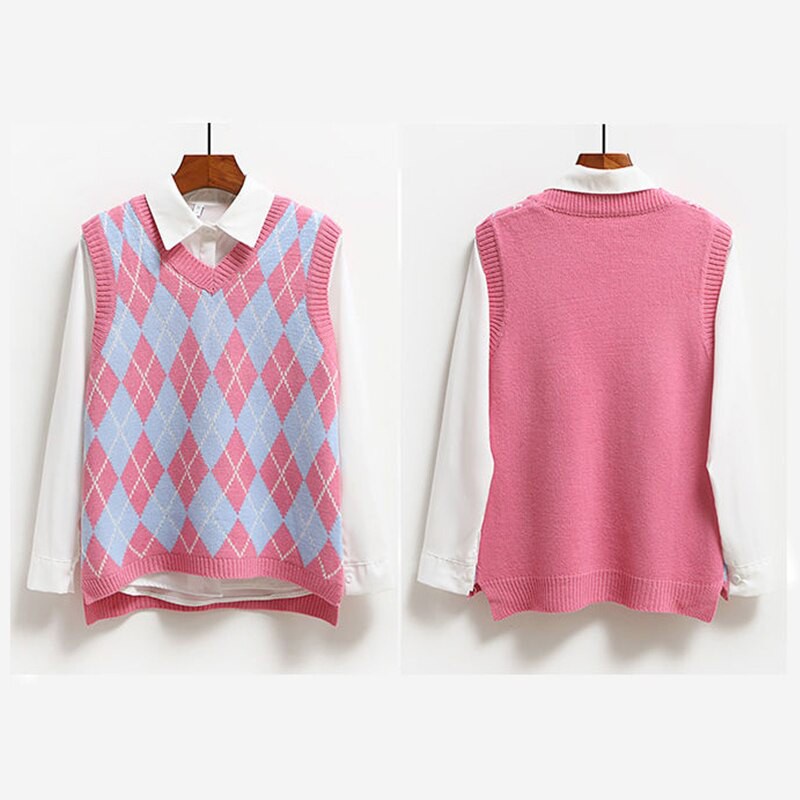Argyle Fashion Knitted Vest Women Casual Korean Pullover Elasticity Sweater Spring Autumn Sleeveless V-Neck Tops