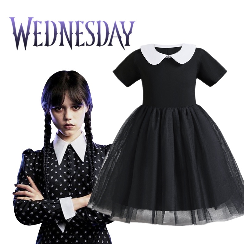 NNJXD Wednesday Addams Cosplay Dress for Girl Kids Movie Wednesday Cosplay Costumes Black Dresses Halloween Party Clothes Girl Dress