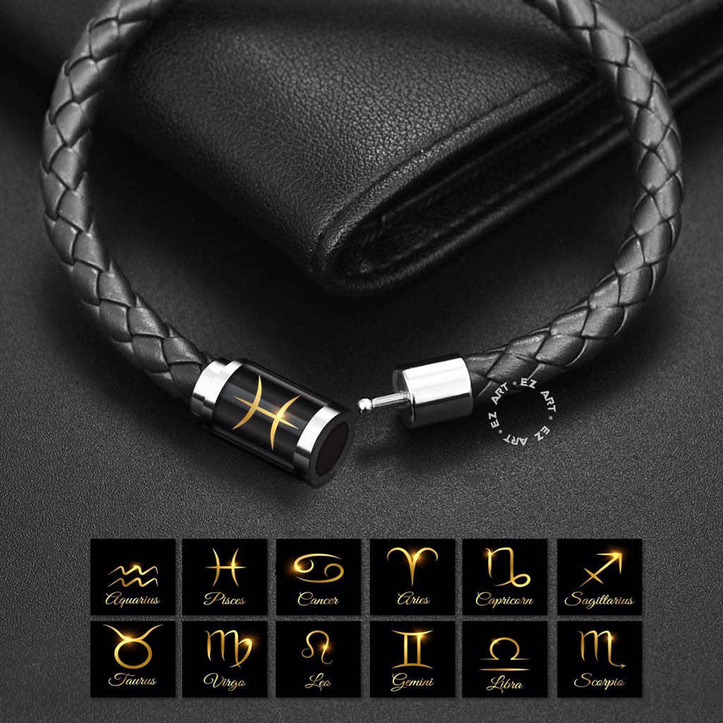 Cool Zodiac Bracelet Men Women Leather Braided Glass Tube Magnetic Hook STAINLESS STEEL AQUARIUS CAPRICORN CANCER LEO SAGITTARIUS GEMINI VIRGO LIBRA TAURUS ARIES SCORPIO