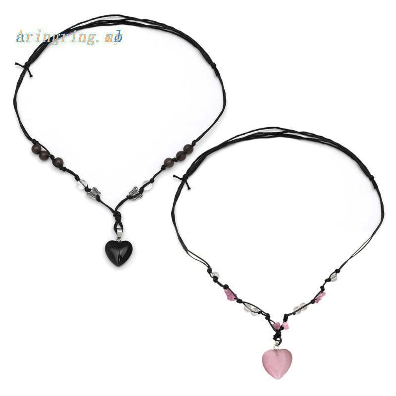 ARIN Gemstone-Pendant Necklace Natural Heart Stone Choker Chain Woven Rope Clavicle