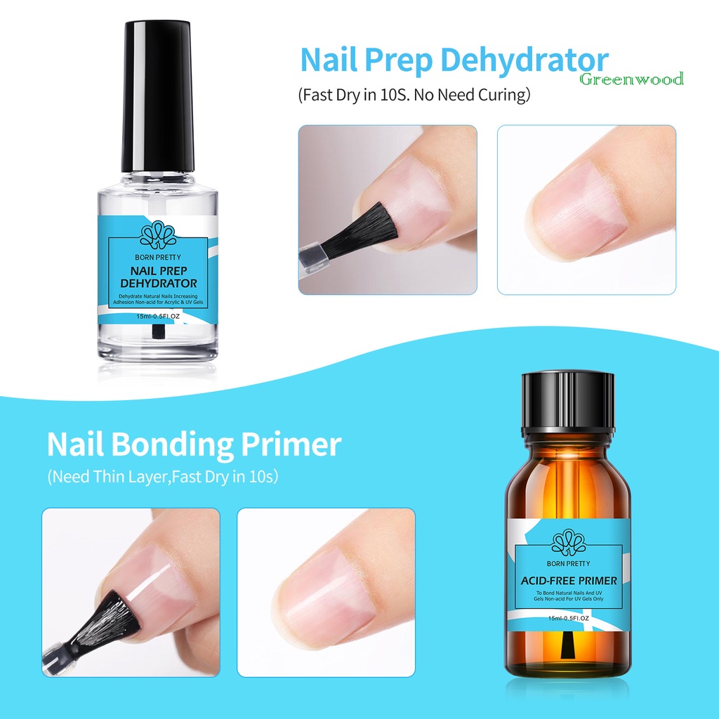 Myw-2Pcs/Set 2 x 15ml Nail Prep Dehydrator Professional Long Lasting Maximize Adhesion Manicure Tools Natural Nail Dehydrator Acid-free Bond Primer Glue Kit Nail Supplies