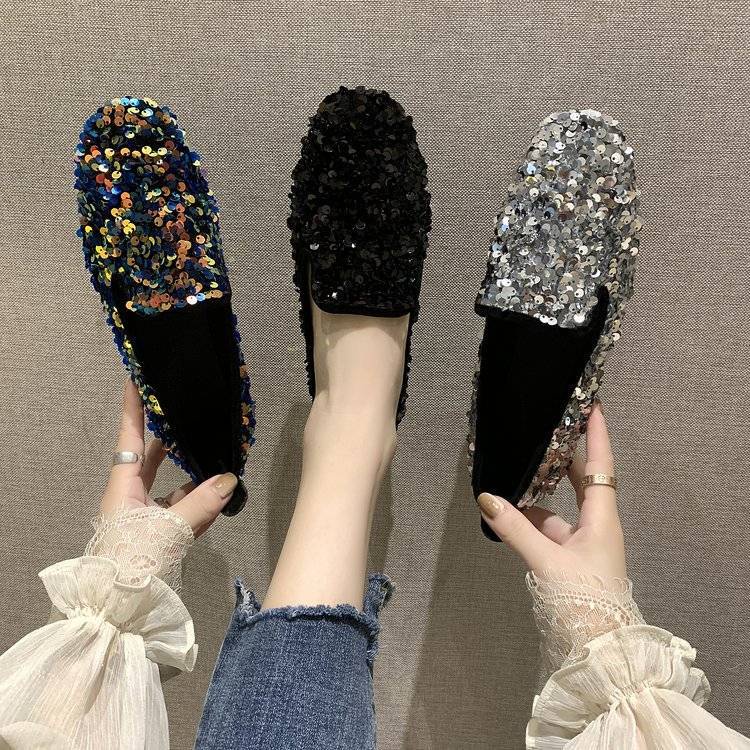 2023 new Influencer Peas Shoes Women Flat Versatile Social Lazy Autumn Rhinestone Student Shallow Mouth Casual Women's Scoop