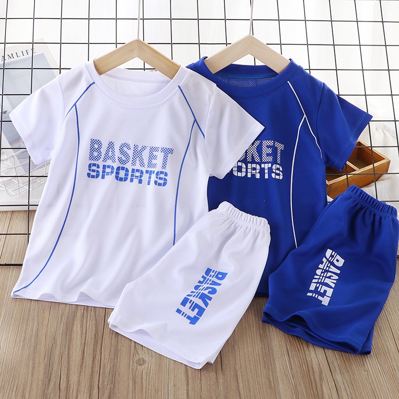 [ML] 90-160cm Children's Summer Jersey Suit Short-Sleeved Korean Version Letter Sports Suit Two-Piece Suit Baby Boy Baby Girl Baby Quick-Drying Clothes