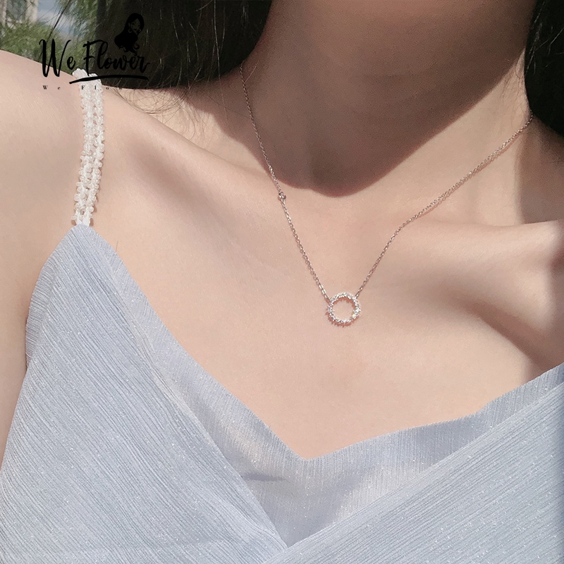 We Flower Delicated Silver Sparkling Crystal Circle Pendant Necklace for Women Girl Korean Trendy Rhinestone Round Charm Necklaces Dinner Party Dating Collarbone Chain Jewelry