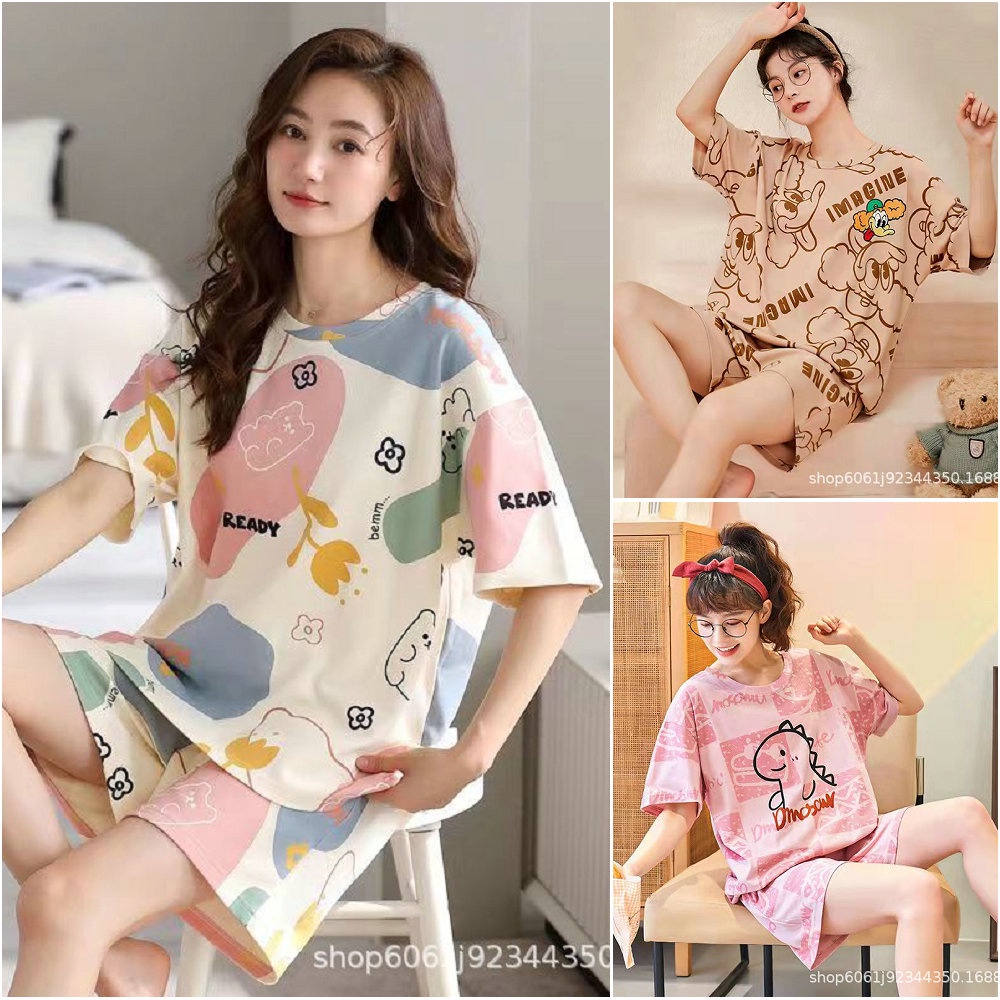 Ready stock sleepwearwoman baju raya Pajamas Women's New Summer Popular INS plus Size M-3XL cotton round Neck Short Sleeve High Waist Shorts Korean Cartoon Cute Loungewear Two-Piece Suit Girls casual loose comfortable pajamas