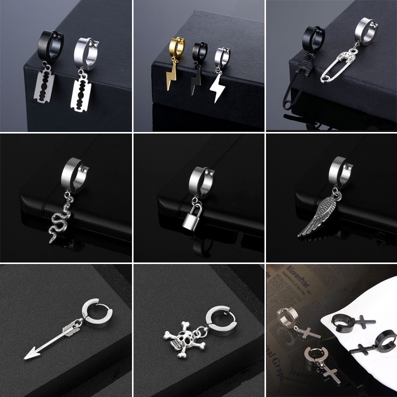 Personalized stainless steel pendant earrings Punk studs hip hop earrings Men's earrings Skull cross ear clips ear bone clips jewelry