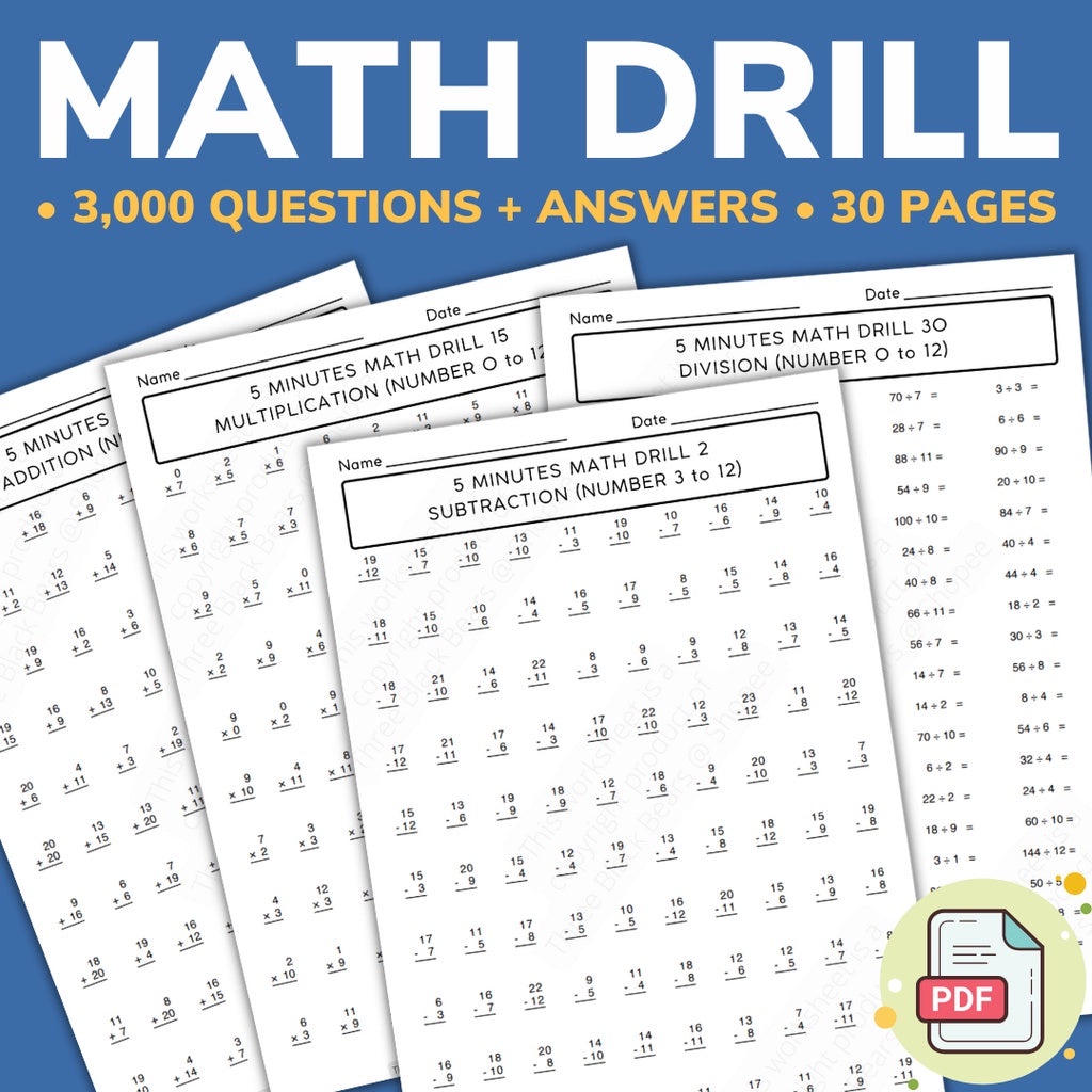Printable Mathematics Drill Worksheets | 3000 Questions + Answers | Addition, Subtraction, Multiplication and Division