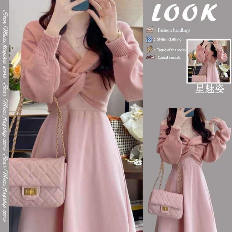 Spring salt is wearing a sense of senior royal elder sister Straw socialit Style Wear High-End Feeling temperament Ladies Gentle Sweater Sling Dress Two-Piece Suit Female 23.3.4