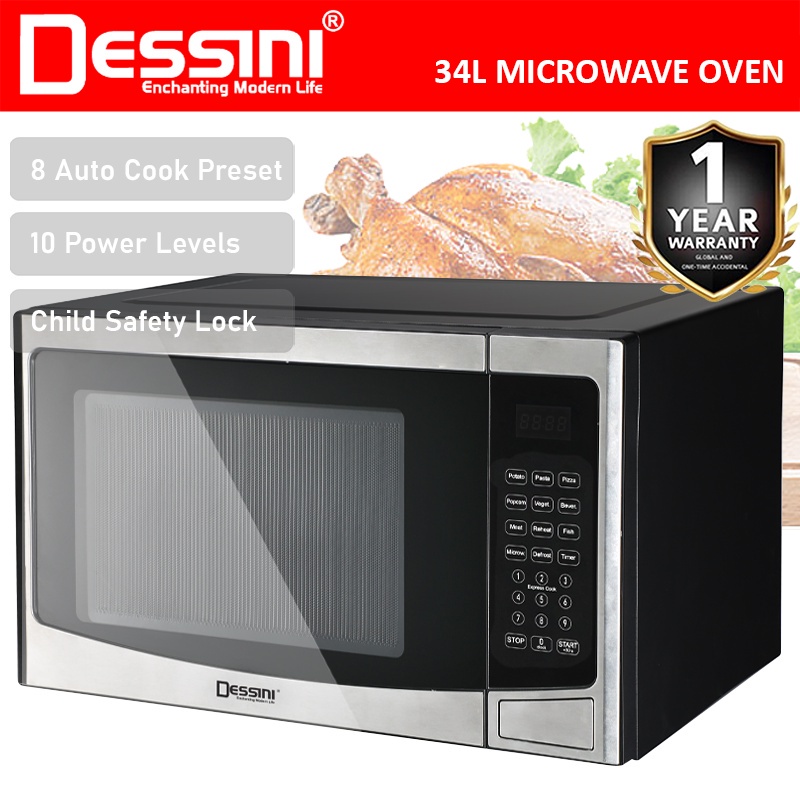 DESSINI ITALY 34L Countertop Digital Microwave Oven 10Power Level Defrost Reheat Toaster Roaster Ketuhar Gelombang Mikro