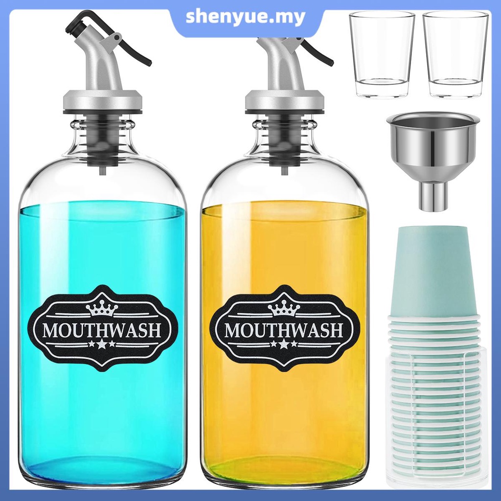 Mouthwash Dispenser Set with Funnel Cups Stickers Reusable 500ml Glass