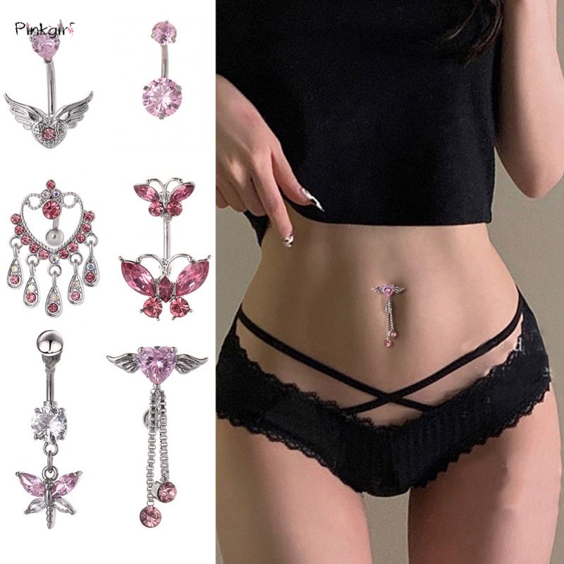 Stylish Aesthetic Pink Shiny Zircon Butterfly Heart Dragonfly Belly Rings INS Chic Street Style Women Body Piercing Navel Ring Jewelry Accessories