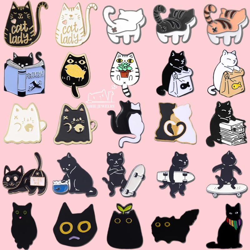 Enamel Pins Cute Black White Cats Bag Brooches Fashion Jewelry