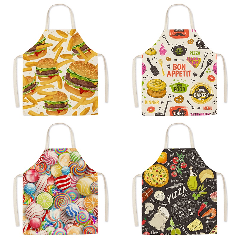 Food Pattern Printed Slimming Apron Household Cleaning Tools Burger French Fries Pizza Pattern Kitchen Apron Stain Resistant Linen Apron 47x38cm, 68x55cm