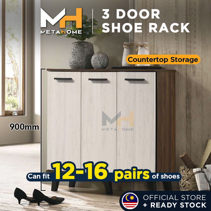 MetaHome Shoe Cabinet 3 Doors Rak Kabinet Kasut 3 Pintu Shoes Storage Rack Home Office Vintage Brown Wood Furniture