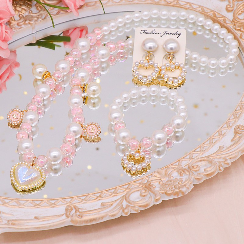 Kids Girl Fashion Jewelry 4-Pieces Set Dream Pearl Necklace Bracelet Earrings Accessories Gift for Girls