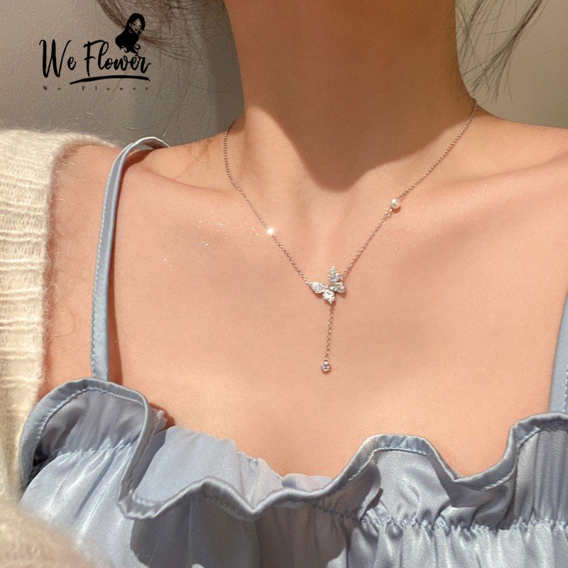 We Flower Delicated Silver Tassel Chain Pearl Sparlking Butterfly Pendant Necklace for Women Girls Korean Fashion Collarbone Chain Necklaces Jewelry Accessories