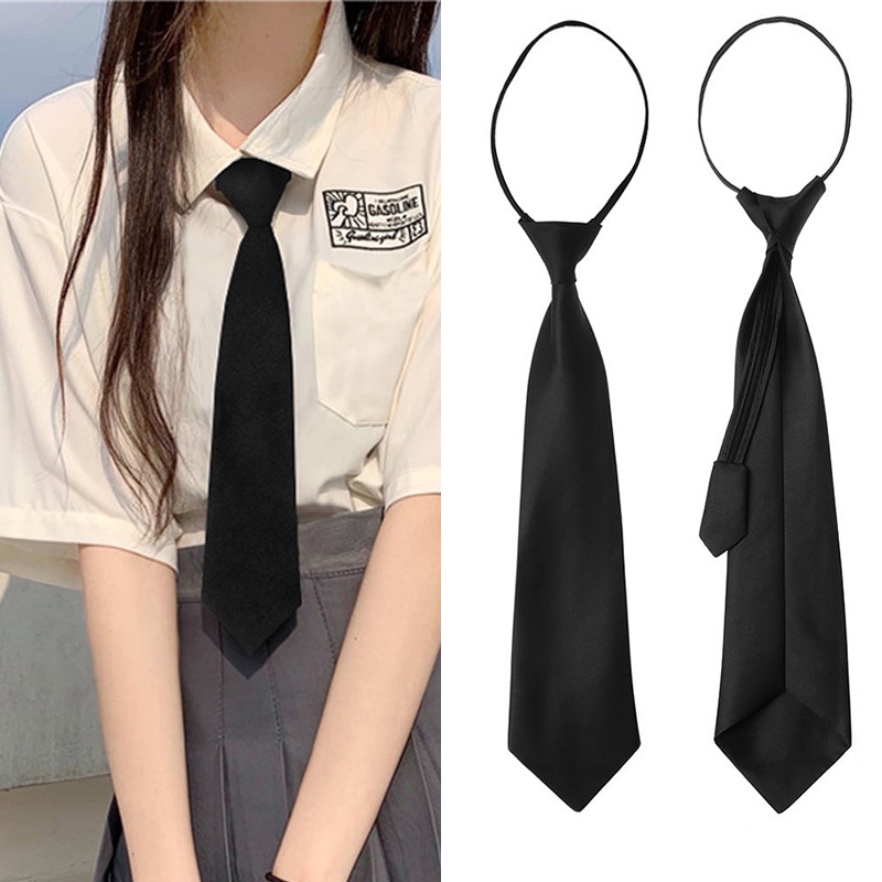 Black Zipper Simple Neck Ties JK Uniform Shirt Clip on Tie Security Tie Steward Matte Funeral Lazy Neckties Men Women Students Y2K