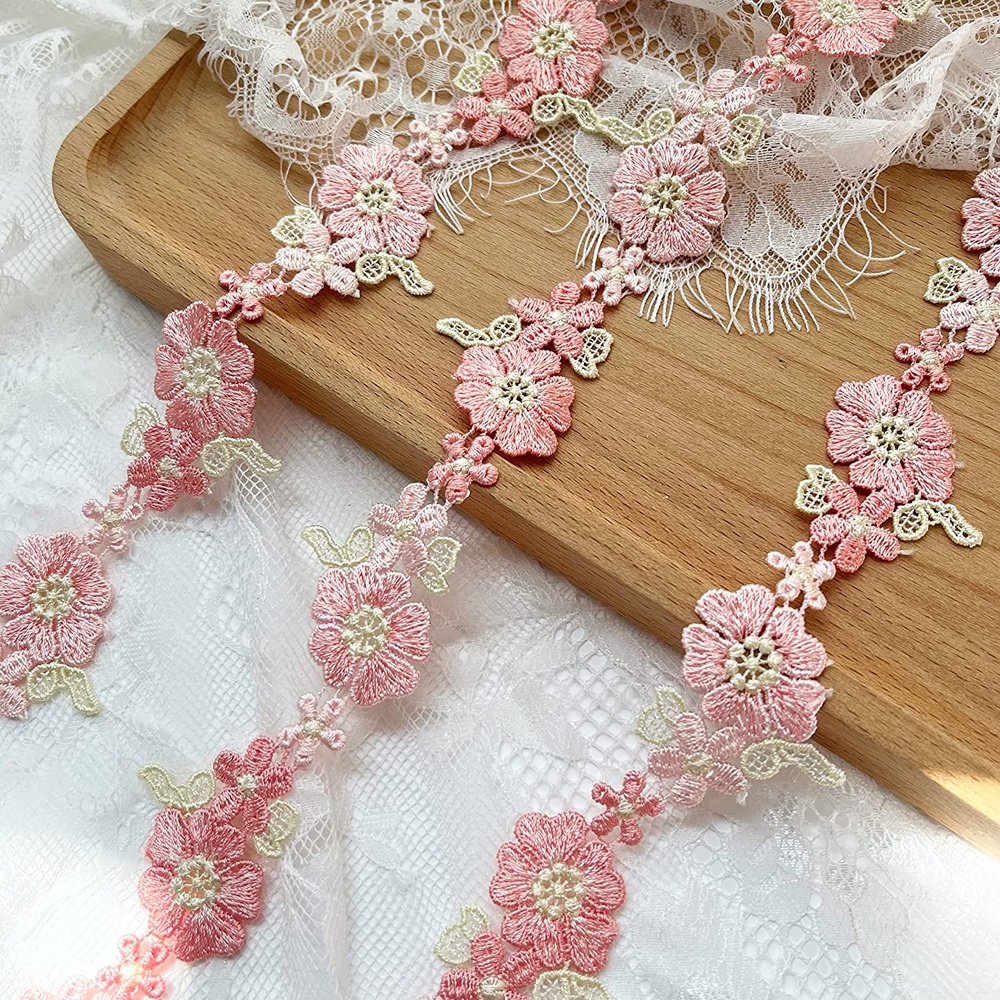 1 Yard Pink Lace Fabric Embroidery Flower Trims For Dresses Decorative 3.6CM Wide