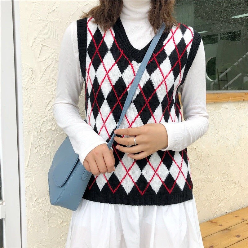 Versatile Must Argyle Fashion Knitted Vest Women Casual Korean Pullover Elasticity Sweater Spring Autumn Sleeveless V... - Image 5