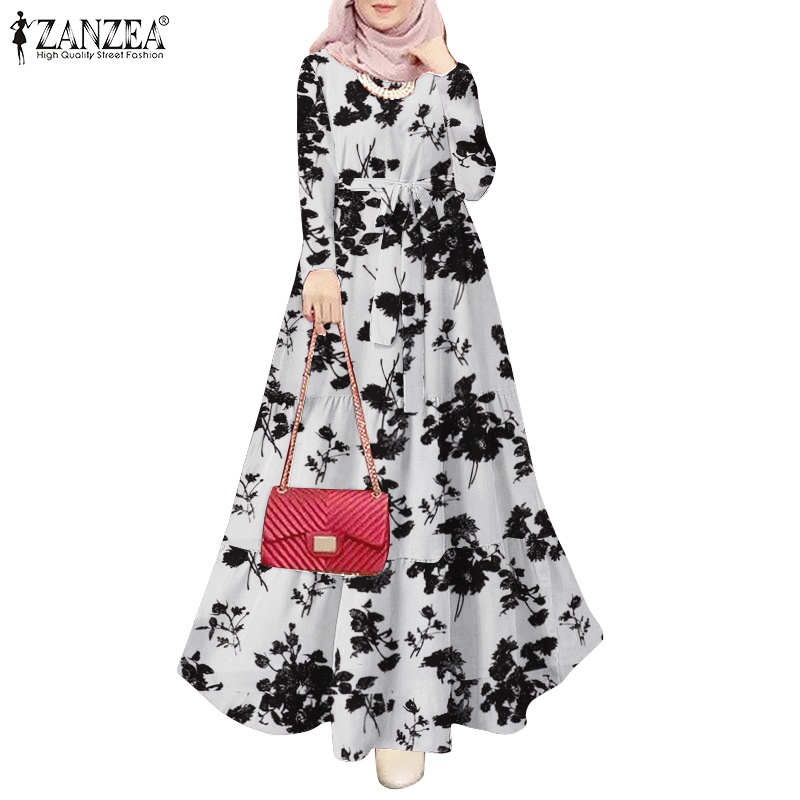 ZANZEA Womens Muslim Abaya Casual Long Sleeve A Line Evening Party Oversized Maxi Dress