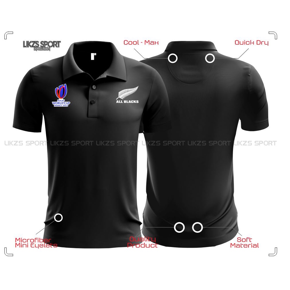 All Black WC France 2023 Travel Jersey DX1 Rugby Polo Microfiber | Baju Berkolar Rugbi | Official Staff Team Coach