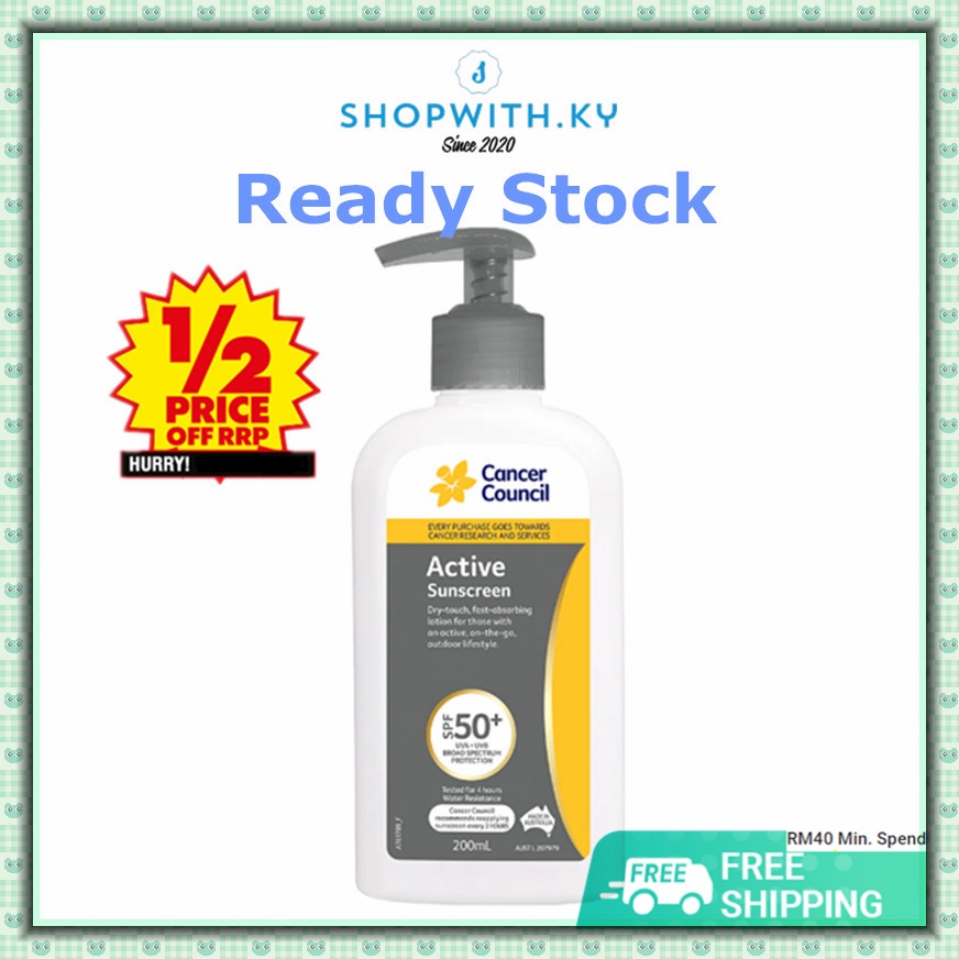 [现货+包邮 Date: 08/2026] Cancer Council SPF 50+ Active Sunscreen Pump Water Resistance 成人防晒霜防水 (200ml) (Made in Australia)