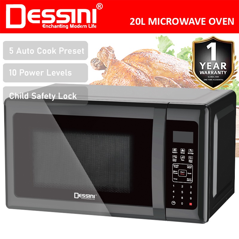 DESSINI ITALY 20L Countertop Digital Microwave Oven 10Power Level Defrost Reheat Toaster Roaster Ketuhar Gelombang Mikro