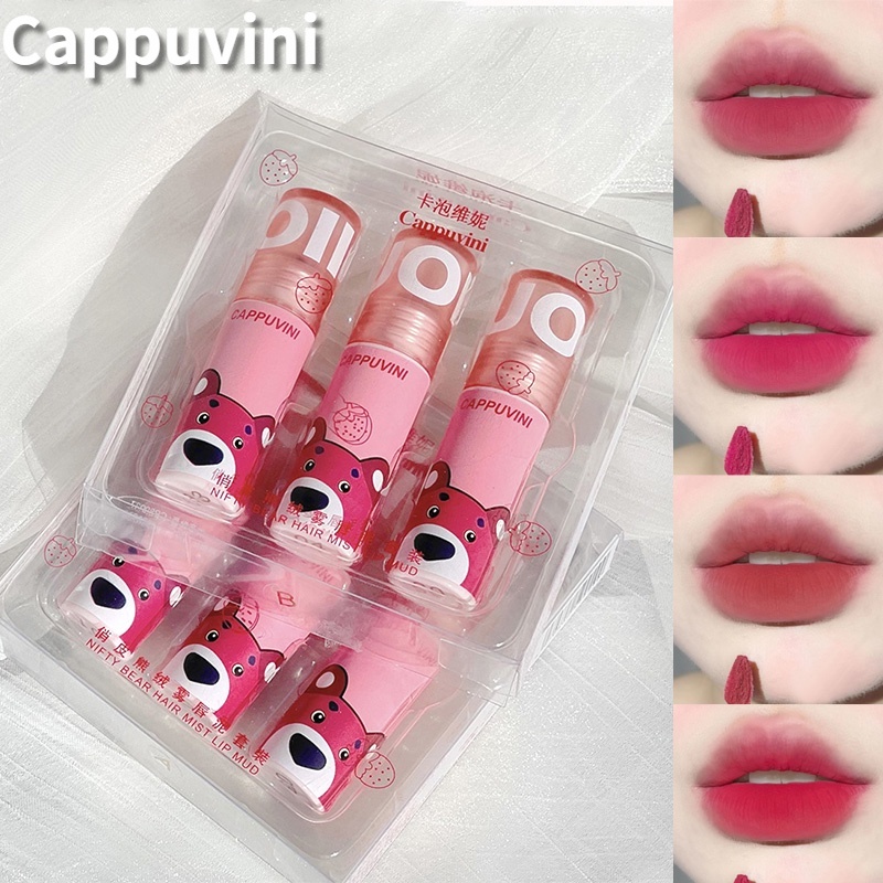 Cappuvini Strawberry Bear Korea Natural Nude Liquid Lipstick Set Waterproof Long Lasting Lip Tint Velvet Lipstick Lipmatte Set Makeup Cosmetic